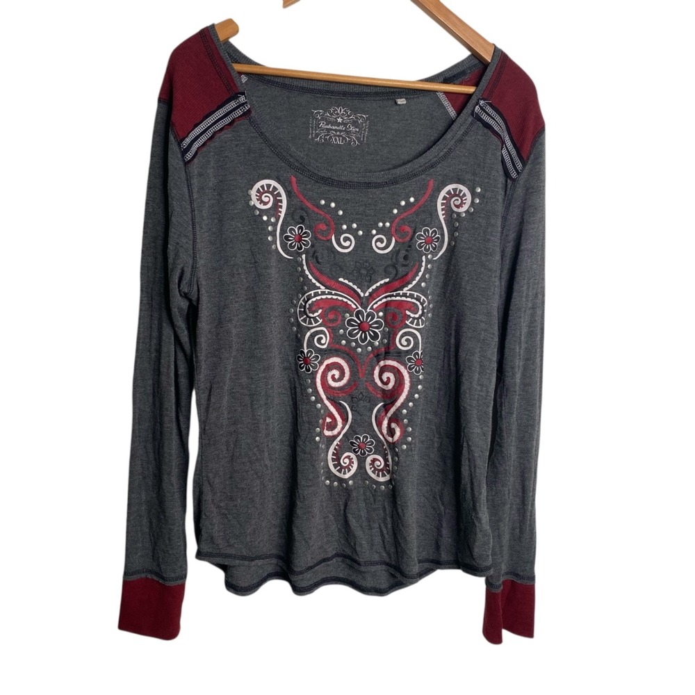 Panhandle Slim Women's Top Pullover Long Sleeves Western Boho Gray Size XXL
